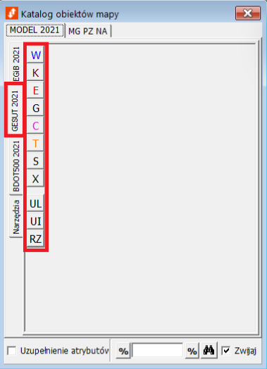 Widok okna katalogu obiektów mapy