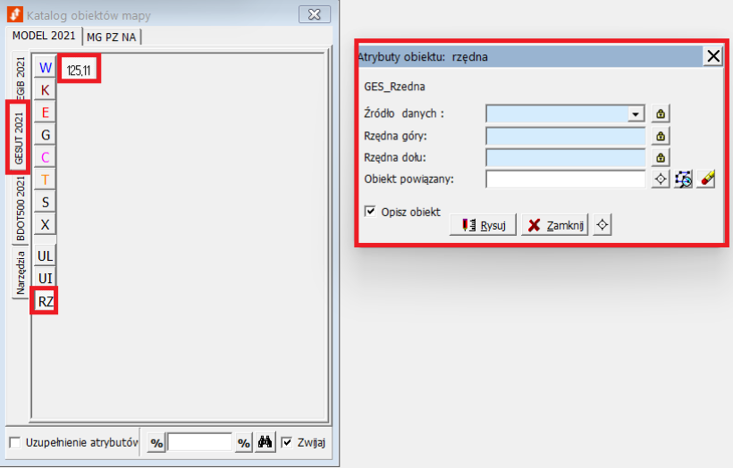 Widok okna katalogu obiektów mapy i okna atrybutów obiektu