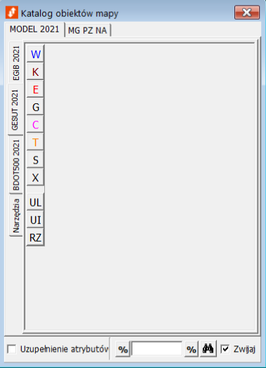 Widok okna katalogu obiektów mapy