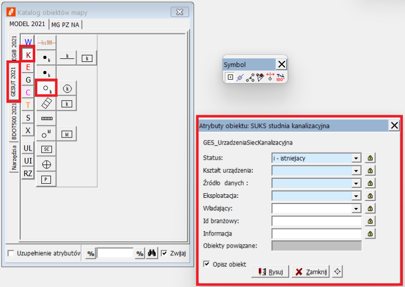 Widok okna katalogu obiektów mapy i okna atrybutów obiektu