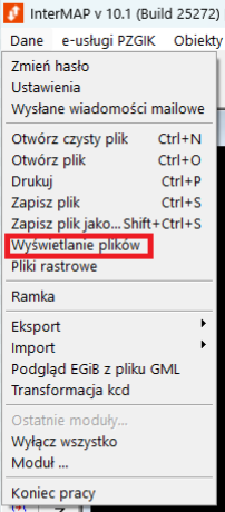 Widok menu głównego programu z rozwiniętymi opcjami danych