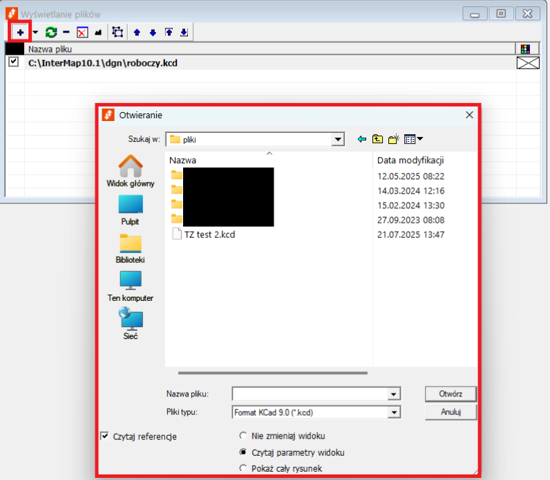 Widok okna wyświetlania plików i okna otwierania