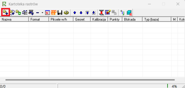 Widok kartoteki rastrów z zaznaczoną ikoną dodawania rastra