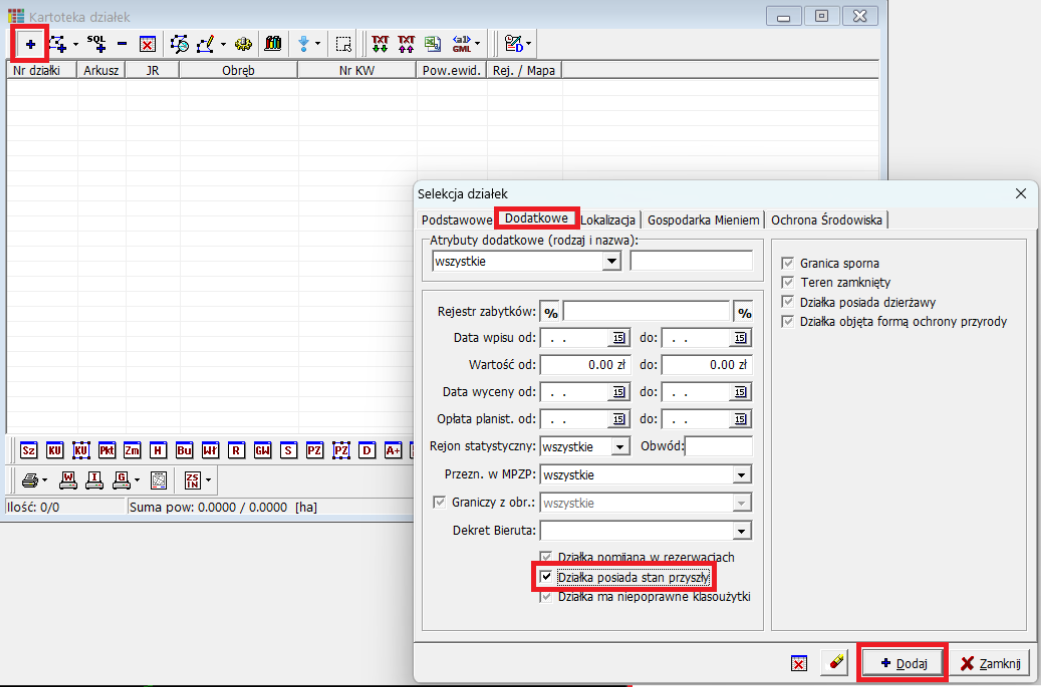 Widok okna kartoteki działek i selekcji działek