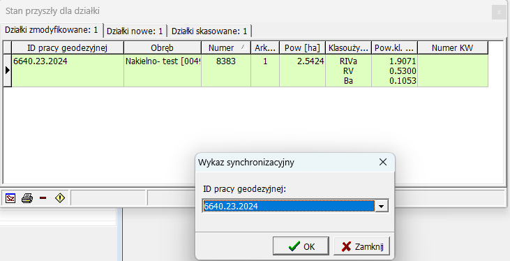 Widok okna do wyboru numeru pracy geodezyjnej