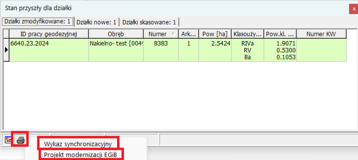 Widok opcji rozwijalnego menu raportowego okna ze stanem przyszłym dla danej działki