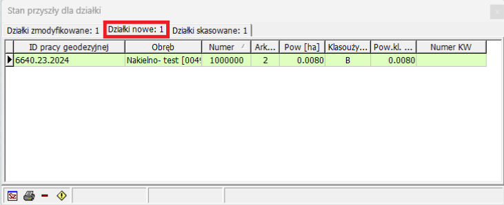 Widok okna stanu przyszłego w zakładce: Działki nowe