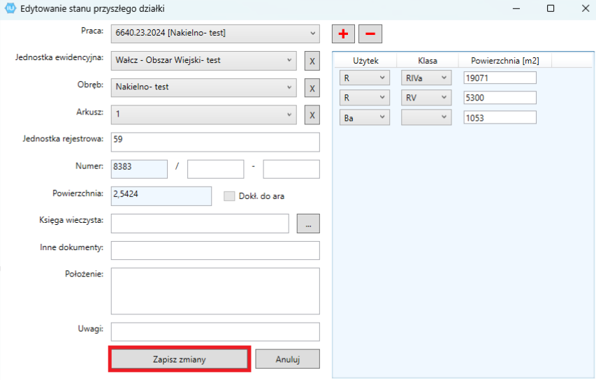 Widok okna edytowania stanu przyszłego działki