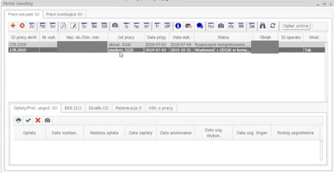 Widok okna Portalu Geodety z zaznaczoną pracą geodezyjną