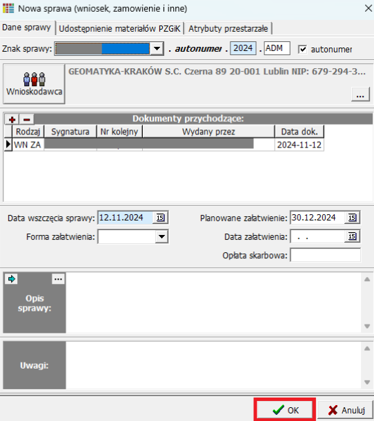 Widok okna nowej sprawy z danymi wniosku