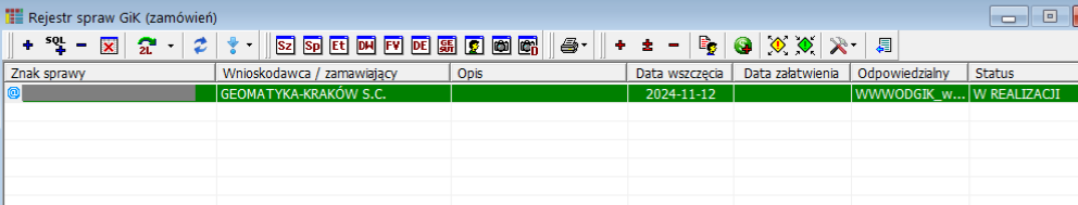 Widok okna rejestru spraw