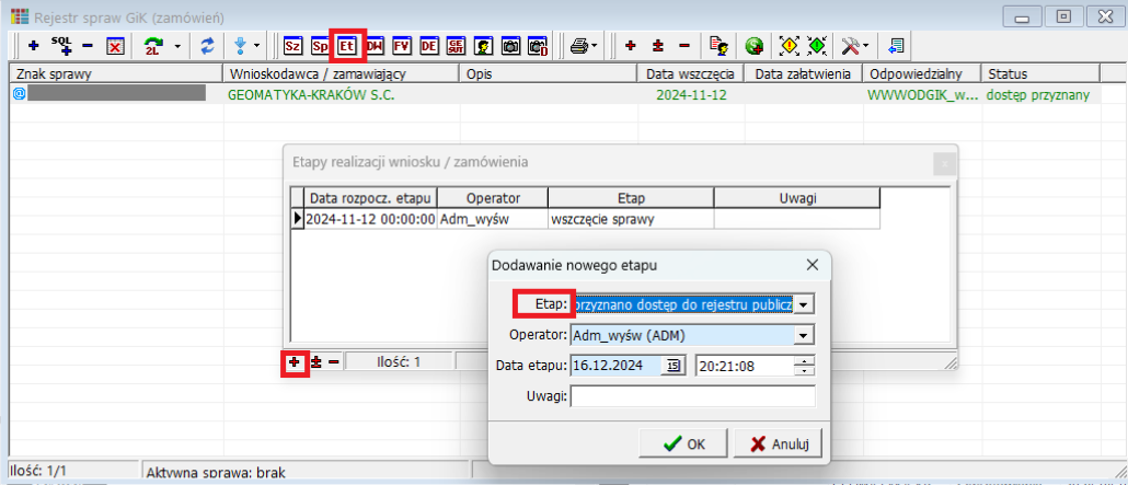 Widok okien etapów realizacji i dodania nowego etapu