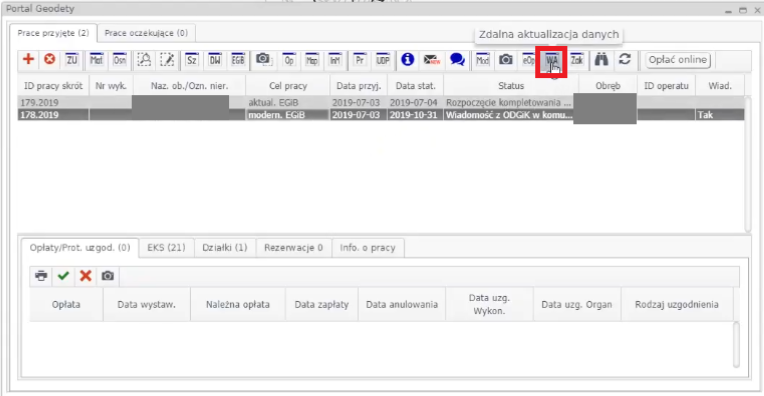 Widok okna Portalu Geodety z zaznaczoną pracą geodezyjną i ikoną z napisem 'WA'