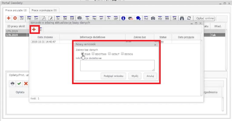 Widok okien: 'Wnioski o zdalną aktualizację' oraz 'Nowy wniosek'
