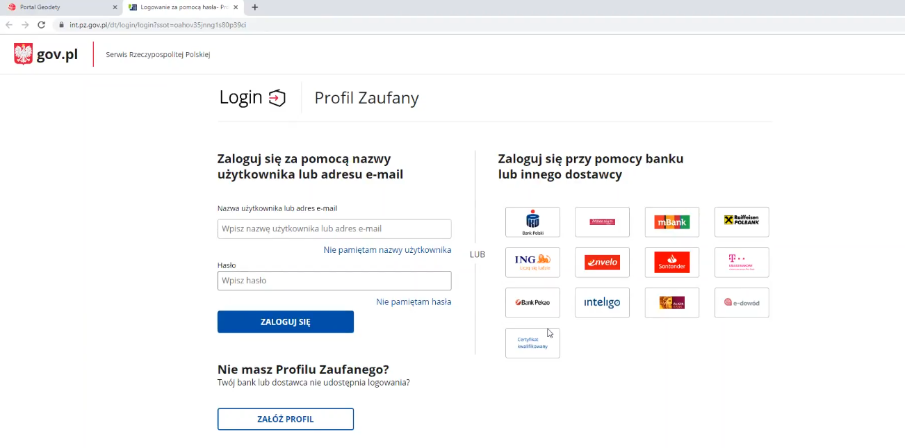 Widok okna logowania do Profilu Zaufanego