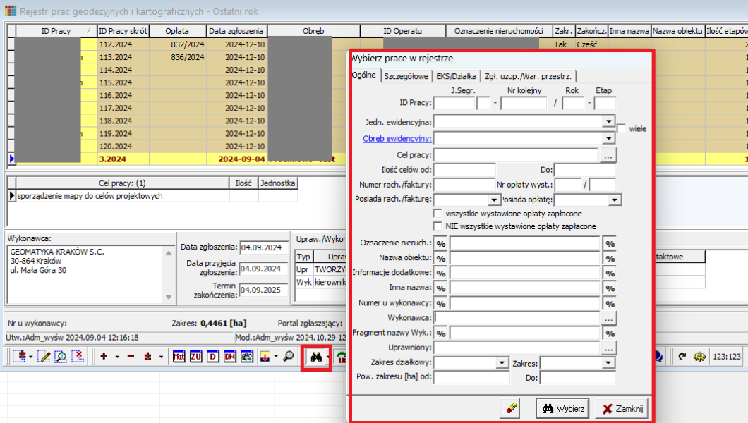 Widok okna rejestru prac geodezyjnych i kartograficznych oraz okna wyszukiwania pracy