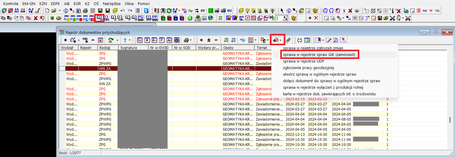 Widok okna programu TurboEWID oraz okna 'Rejestr dokumentów przychodzących' z zaznaczoną sprawą i oznaczeniem