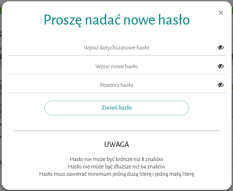 Widok okna nadania nowego hasła