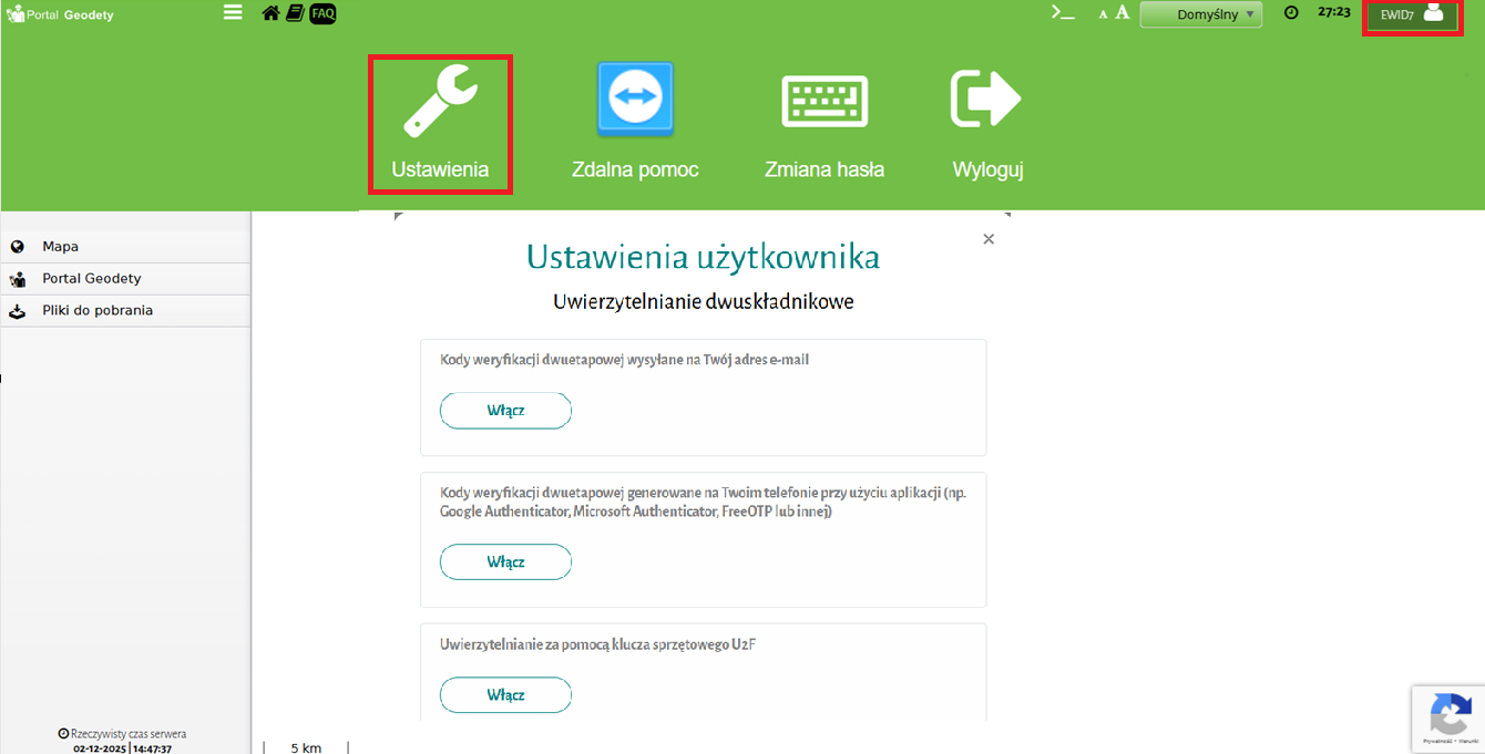 Widok dostępnych opcji ustawień portalu