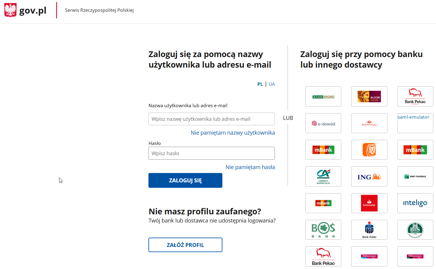 Widok okna logowania przez Profil zaufany na platformie login.gov.pl