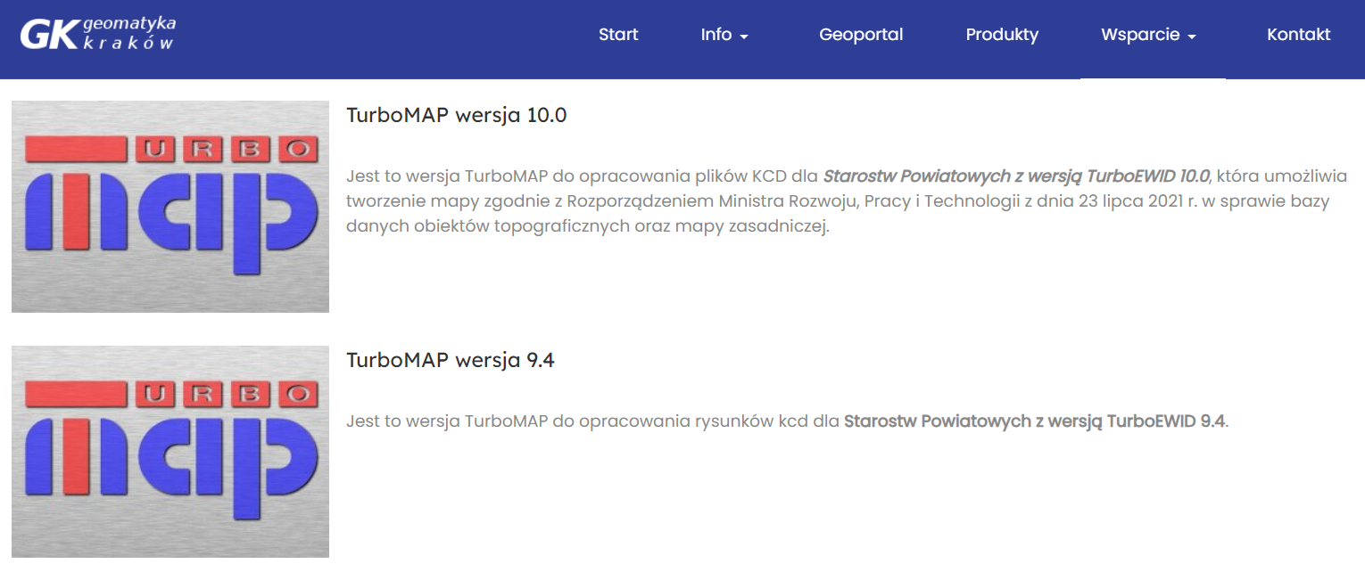 Widok strony 'geomatyka-krakow.pl' z opcjami pobrania programu TurboMAP