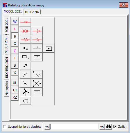 Widok okna katalogu obiektów mapy - zakładka 'MODEL 2021'