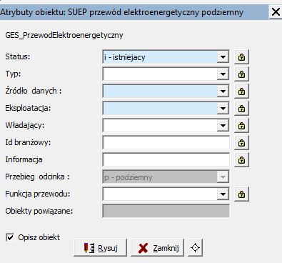 Widok okna 'Atrybuty obiektu: SUEP przewód elektroenergetyczny podziemny'