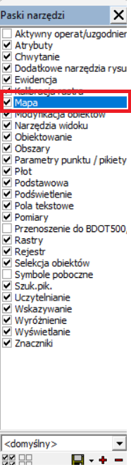 Widok okna: 'Paski narzędzi' z zaznaczoną opcją 'Mapa'