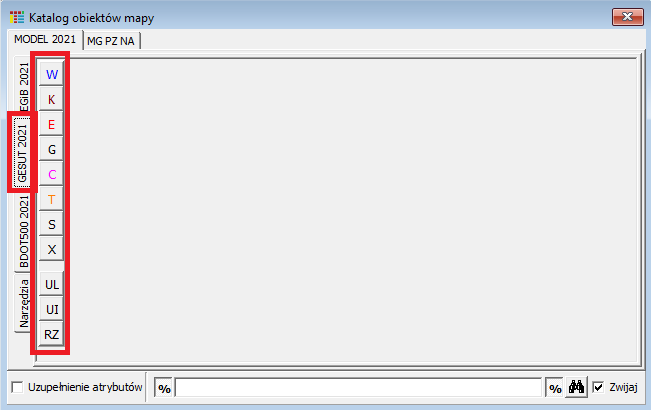 Widok okna katalogu obiektów mapy - zakładka 'MODEL 2021'/GESUT 2021