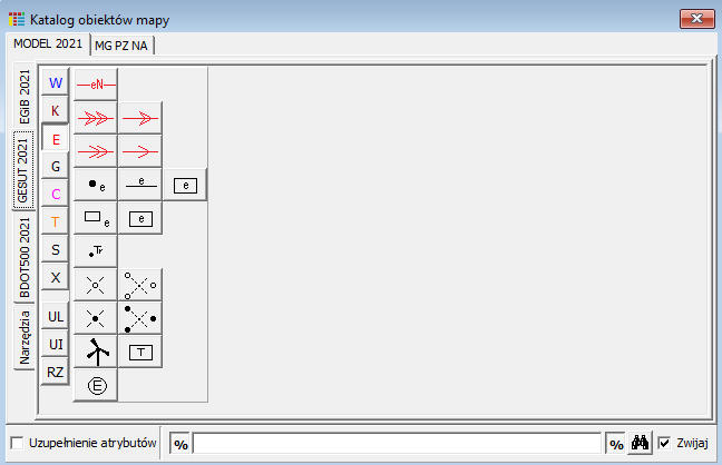 Widok okna katalogu obiektów mapy - zakładka 'MODEL 2021'/GESUT 2021'