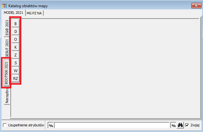 Widok okna: Katalog obiektów mapy - zakładka MODEL 2021/BDOT500 2021