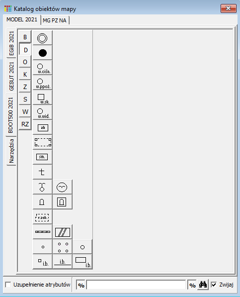Widok okna: Katalog obiektów mapy - zakładka MODEL 2021/BDOT500 2021