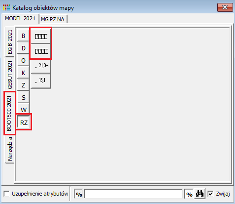 Widok okna: Katalog obiektów mapy - zakładka MODEL 2021/BDOT500 2021