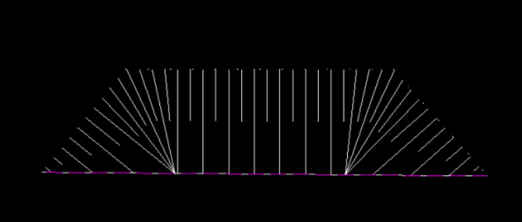 Widok obrysu skarpy wypełnionej pionowymi liniami i podświetlonym na różowo dołem