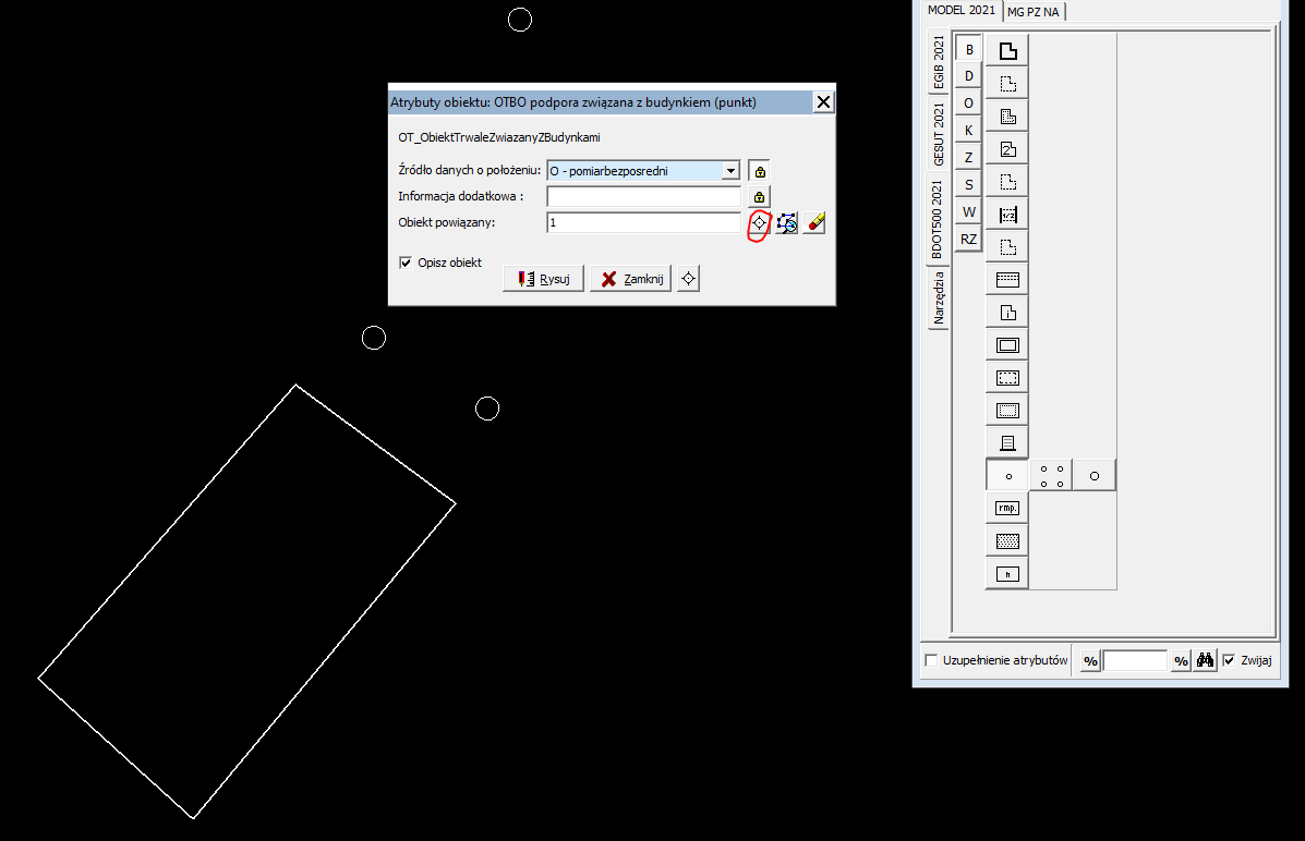 Widok części mapy oraz okna atrybutu obiektów