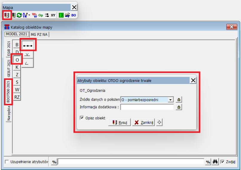 Widok okien Mapy, Katalogu obiektów mapy oraz Atrybutów obiektu