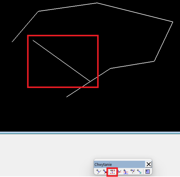 Widok palety 'Chwytanie' i okna grafiki z wybraną opcją przyciągania do punktu wstawienia obiektu lub środka segmentu
