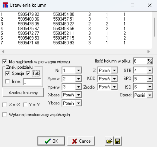 Widok okna: 'Ustawienia kolumn'