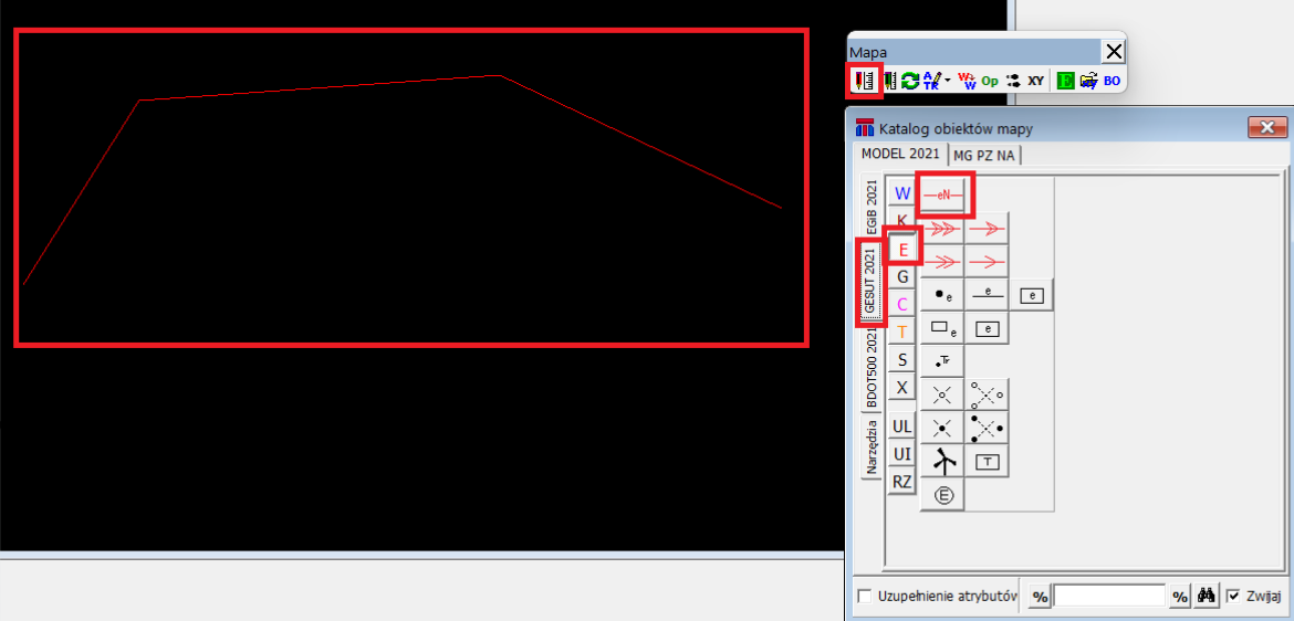 Widok palety 'Mapa', okna 'Katalogu obiektów mapy' oraz narysowanego przewodu elektroenergetycznego w widoku grafiki