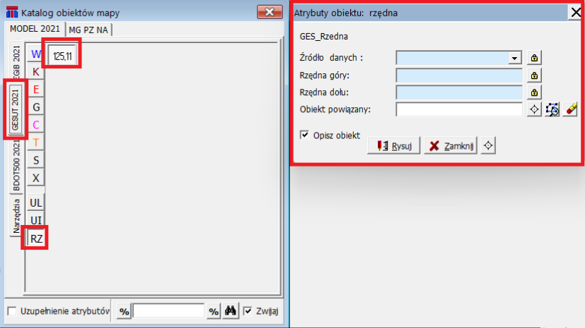 Widok okna 'Katalog obiektów mapy' oraz 'Atrybuty obiektu: rzędna'