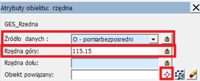 Widok okna 'Atrybuty obiektu: Rzędna'