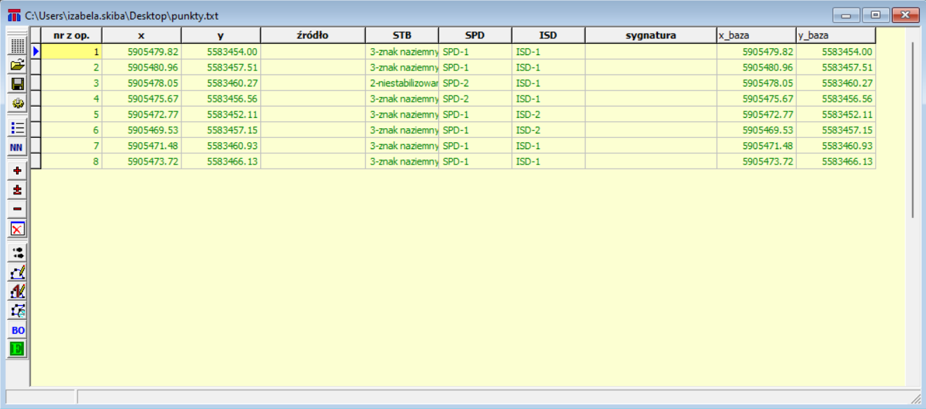 Widok okna z wczytanymi punktami roboczymi