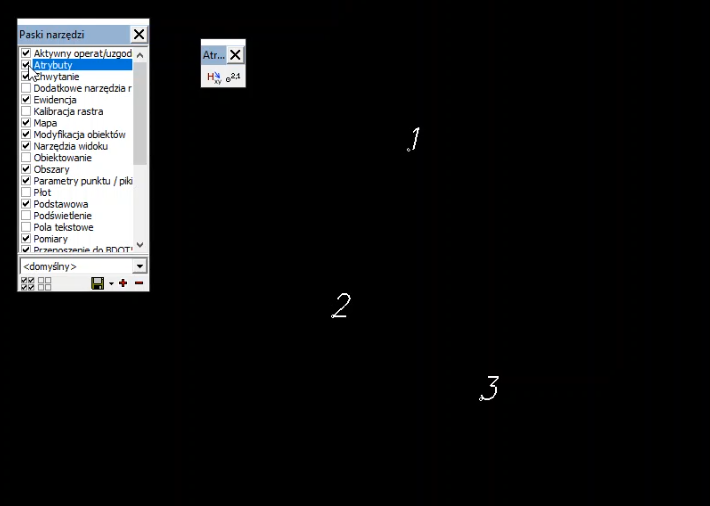 Widok okna grafiki z pikietami oraz oknami: Paska narzędzi i Atrybutów