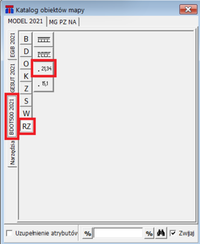 Widok okna katalogu obiektów mapy z zaznaczoną zakładką BDOT500 2021, RZ oraz Pikieta sztuczna