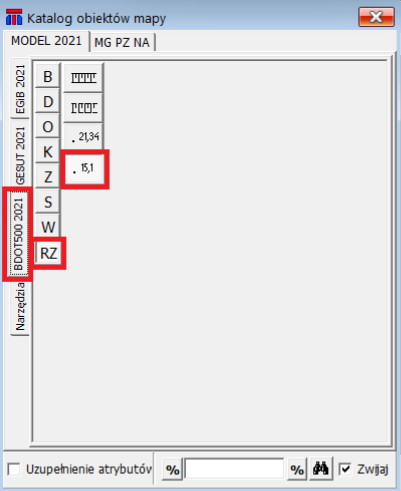 Widok okna katalogu obiektów mapy z zaznaczoną zakładką BDOT500 2021, RZ oraz Pikieta naturalna