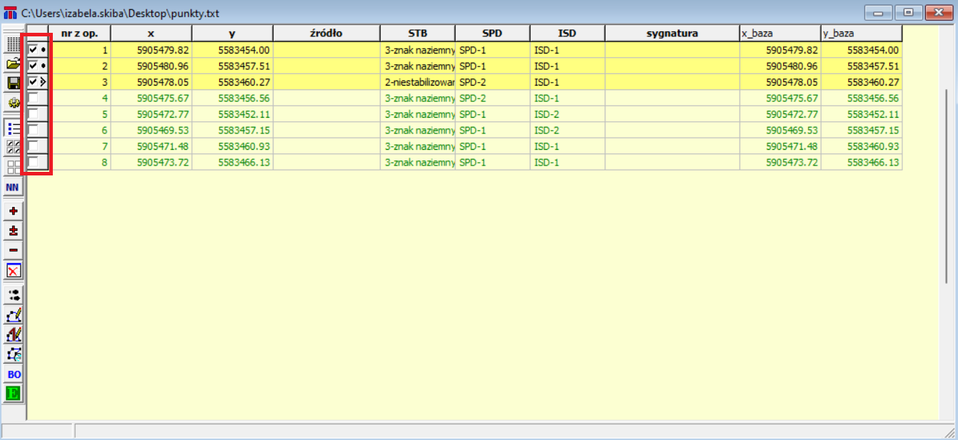 Widok okna z wczytanymi punktami roboczymi z dodatkową kolumną z checkbox'ami