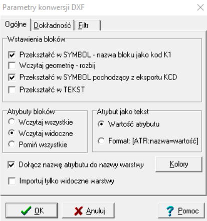 Widok okna 'Parametry konwersji DXF'