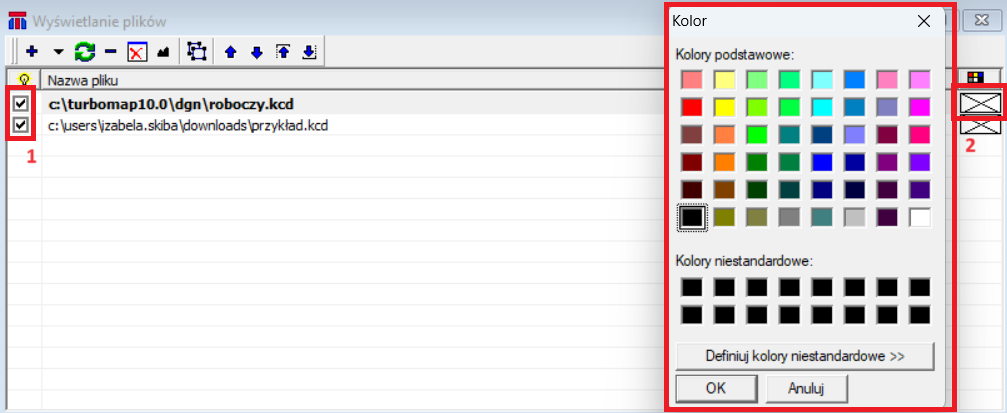 Widok okna 'Wyświetlanie plików' z zaznaczonymi obszarami