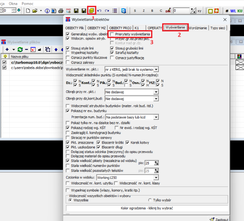 Widok okna 'Wyświetlanie obiektów', zakładka 'Wyświetlanie'