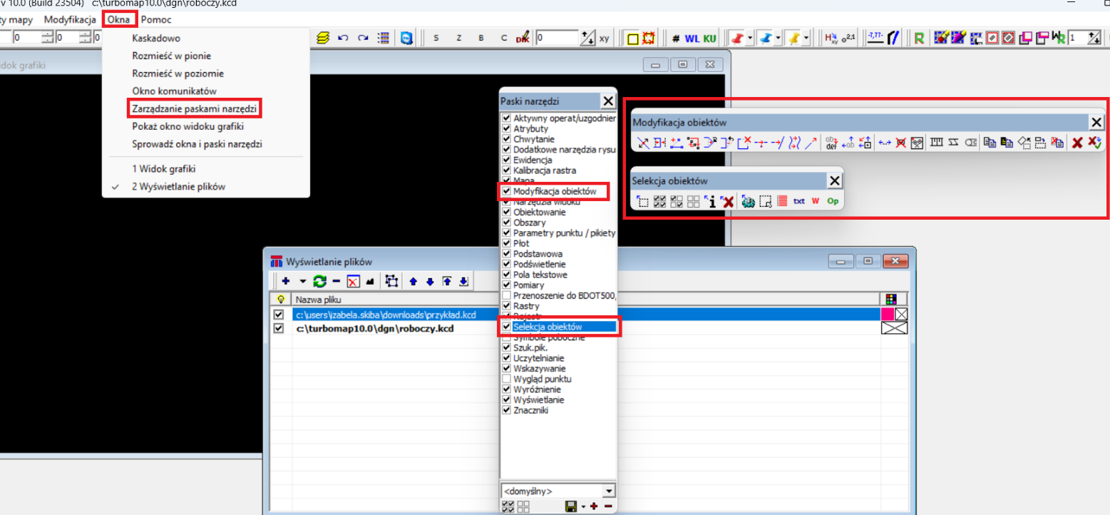 Widok menu głównego programu: Okna oraz Zarządzanie paskami narzędzi, oraz palet: 'Pasek narzędzi', 'Modyfikacja obiektów' oraz 'Selekcja obiektów'